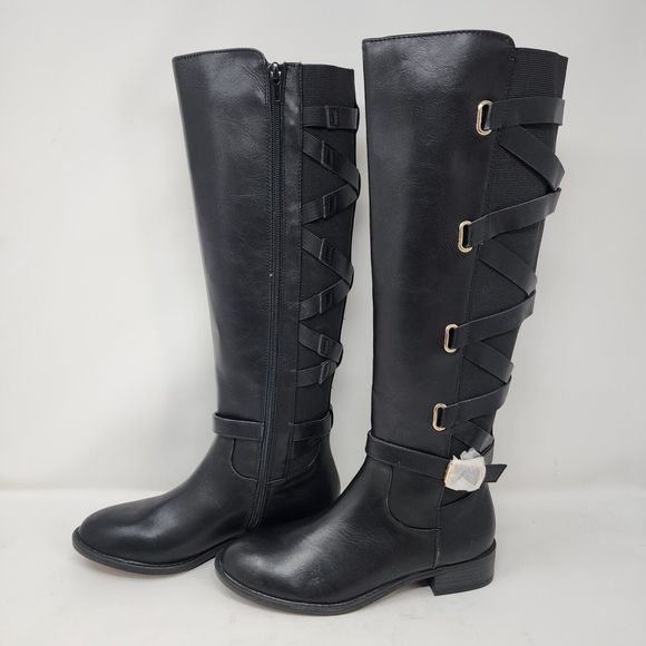 Thalia Sodi Riding Boots Womens 5 Black Veronika Faux Leather Zip Buckle Strap - Picture 2 of 10